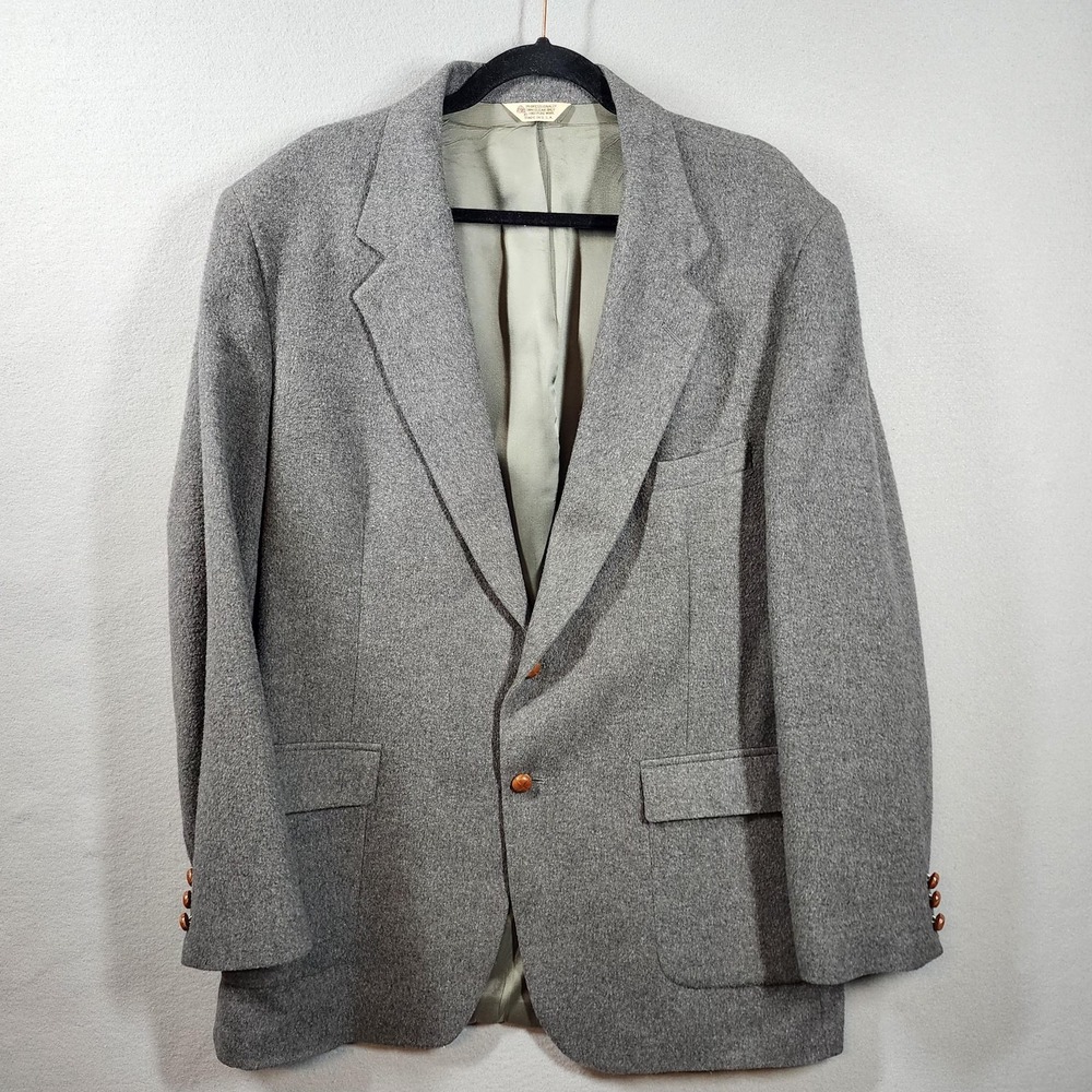 Vintage Camel Hair Blazer Mens‎ 46L Gray 2 Button Sport Coat Leather Buttons USA